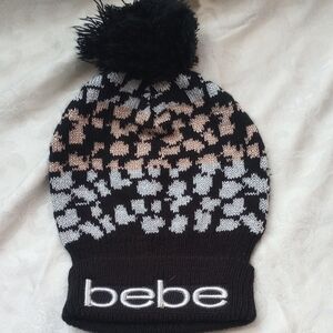 Bebe Black and Gray Patterned Beanie with Pom